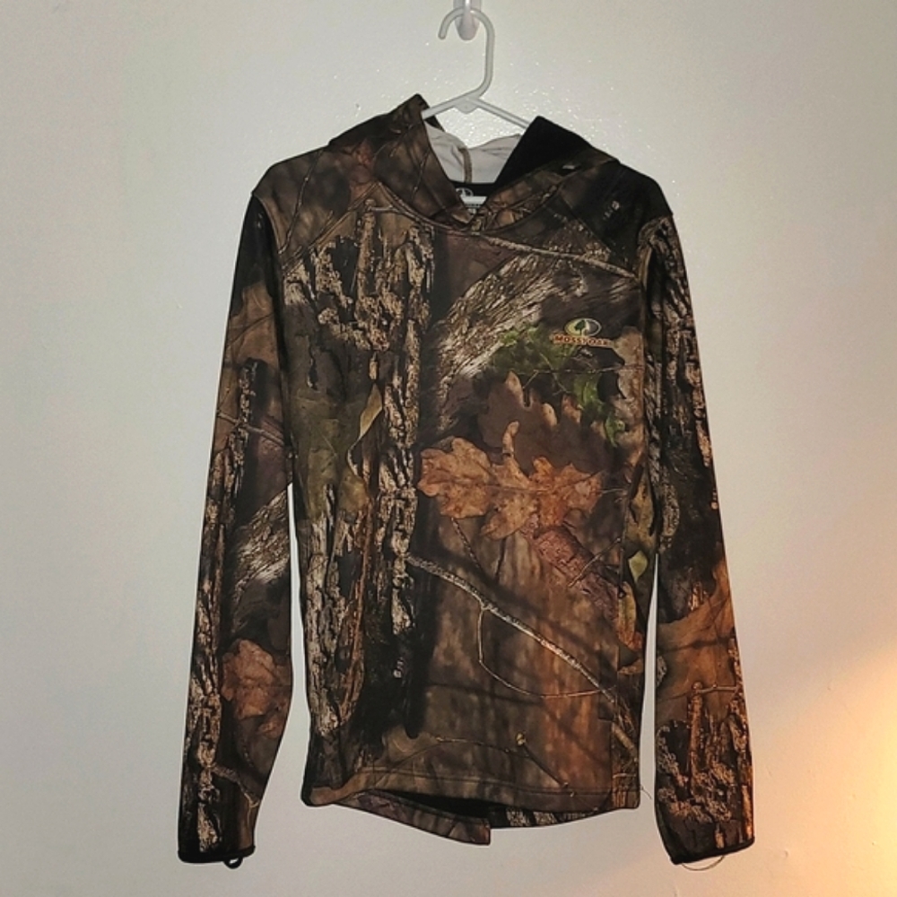 Mens Camo Mossy Oak Hoodie w/ built in neck/face Gaiter, Size Small (34-36)